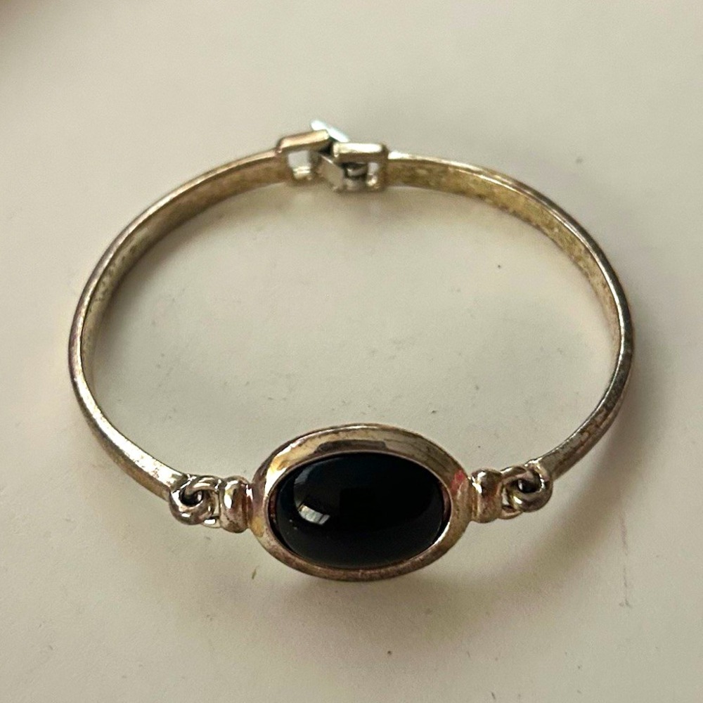 925 Sterling Silver Bangle Bracelet, Oval Black Onyx Bezel, Hook Closure